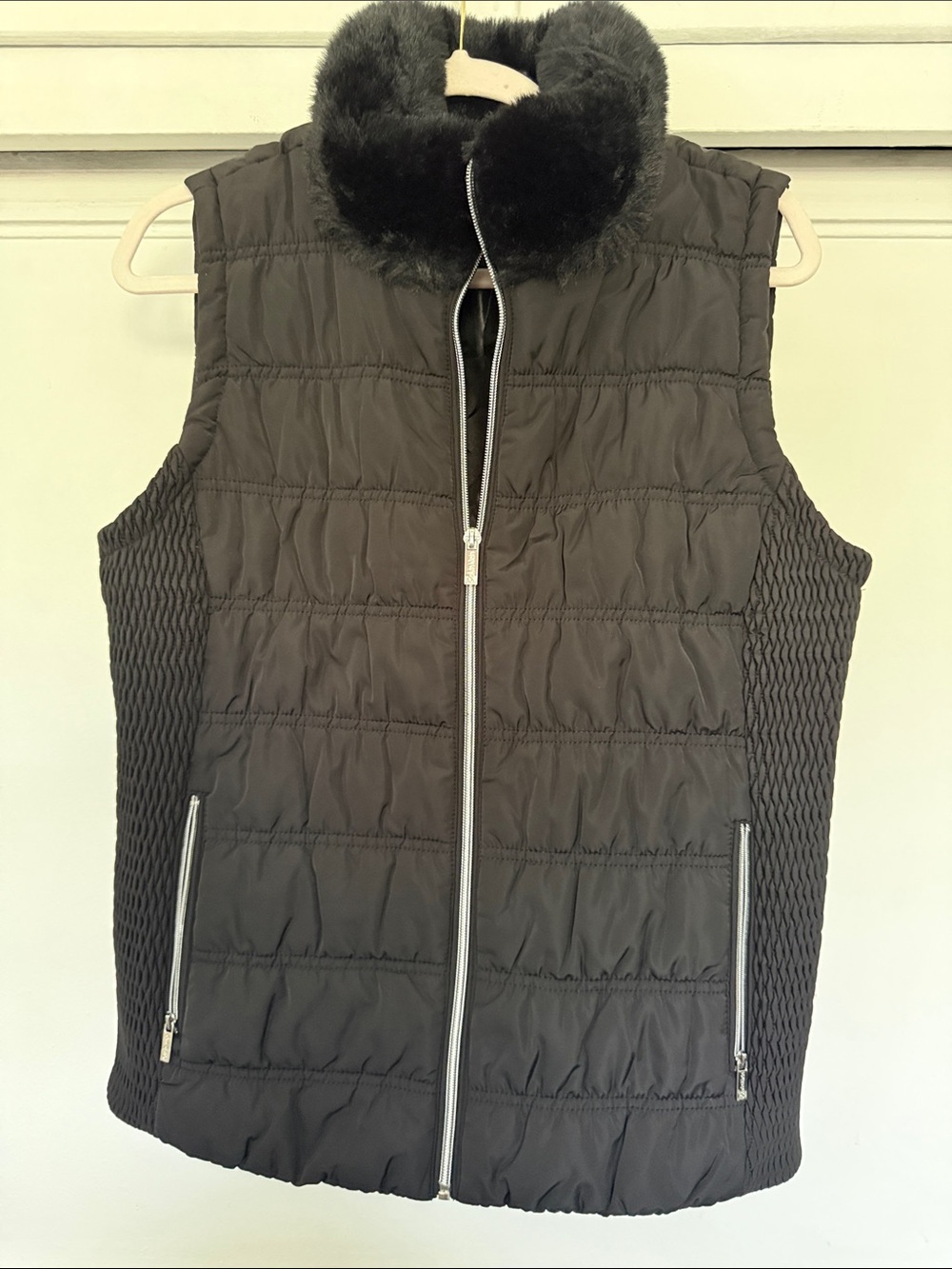 Calvin Klein Black Faux Fur Trim Quilted Vest